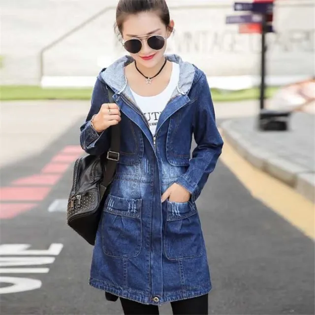 Women's Mid length Long sleeved Hooded Denim Jacket Blue - Shop at LoveMi
