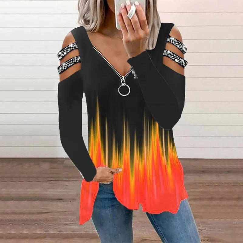 Women's V-Neck Zip Pullover Printed Short Sleeve T-Shirt - Orange
