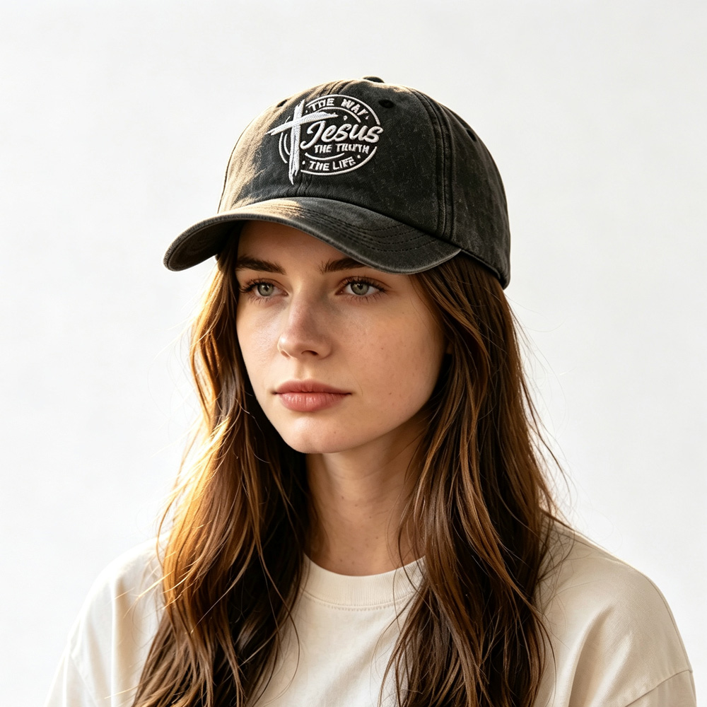 2pcs Vintage Washed Black Baseball Cap For Women Men, Jesus The Way The Truth The Life Cross Embroidered Faith Christian Hat — foto 4