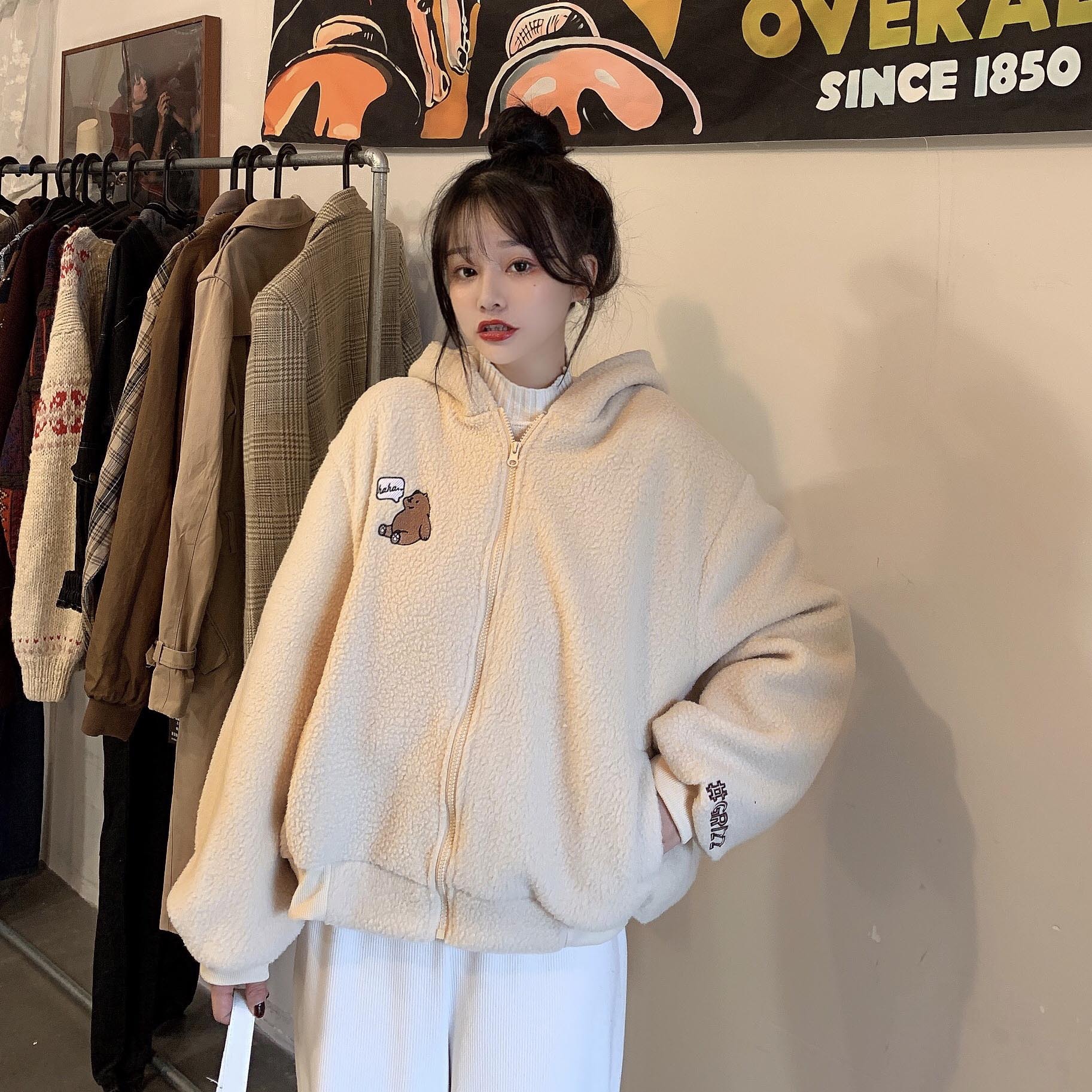 Hooded Lamb Wool Sweater Plus Velvet Thickening Student Net Red Jacket