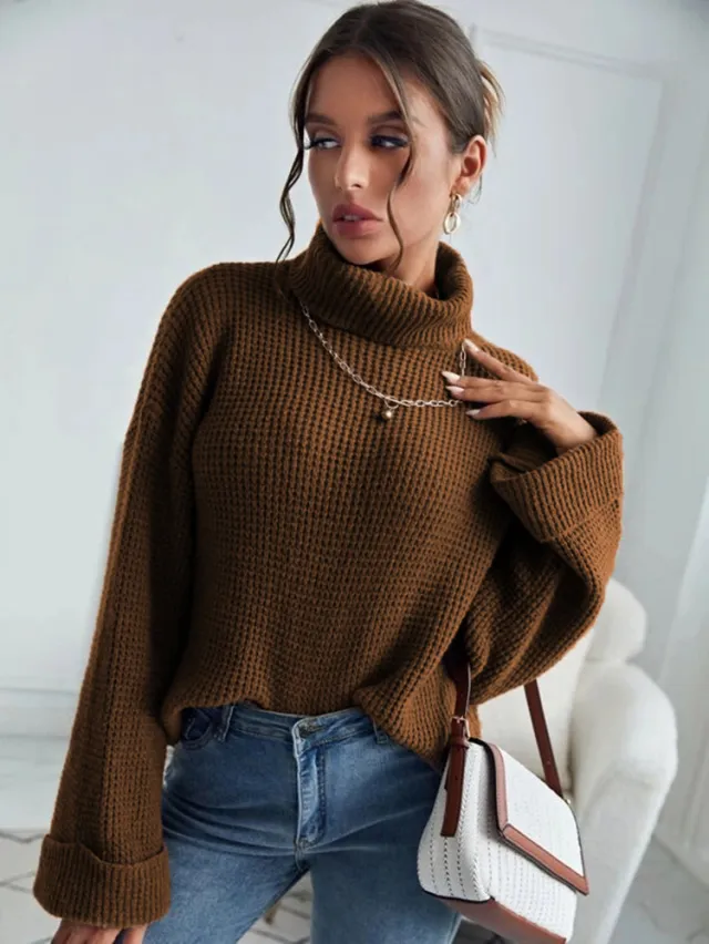 New Style High Collar Solid Color Slim Knit Sweater For Women Caramel L - Shop at LoveMi