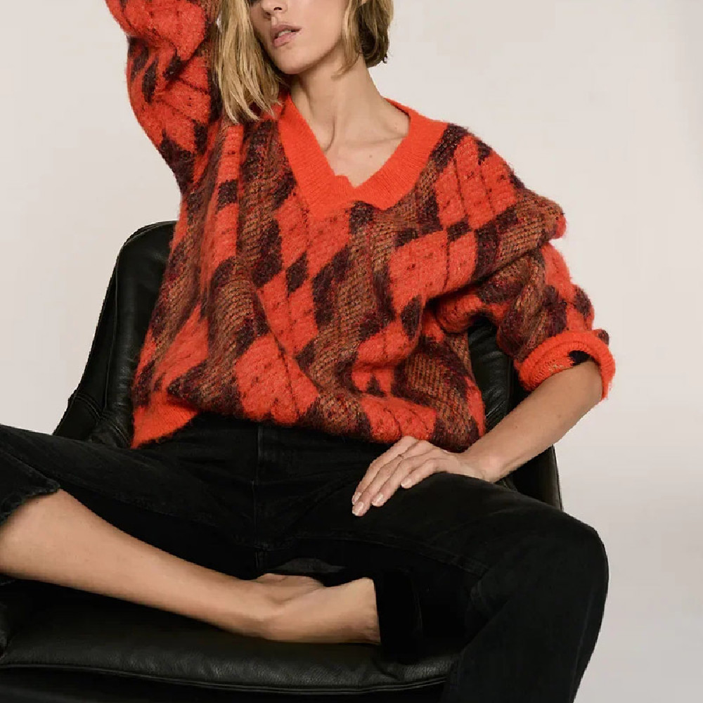 Women's Loose Casual V-Neck Argyle Knit Sweater