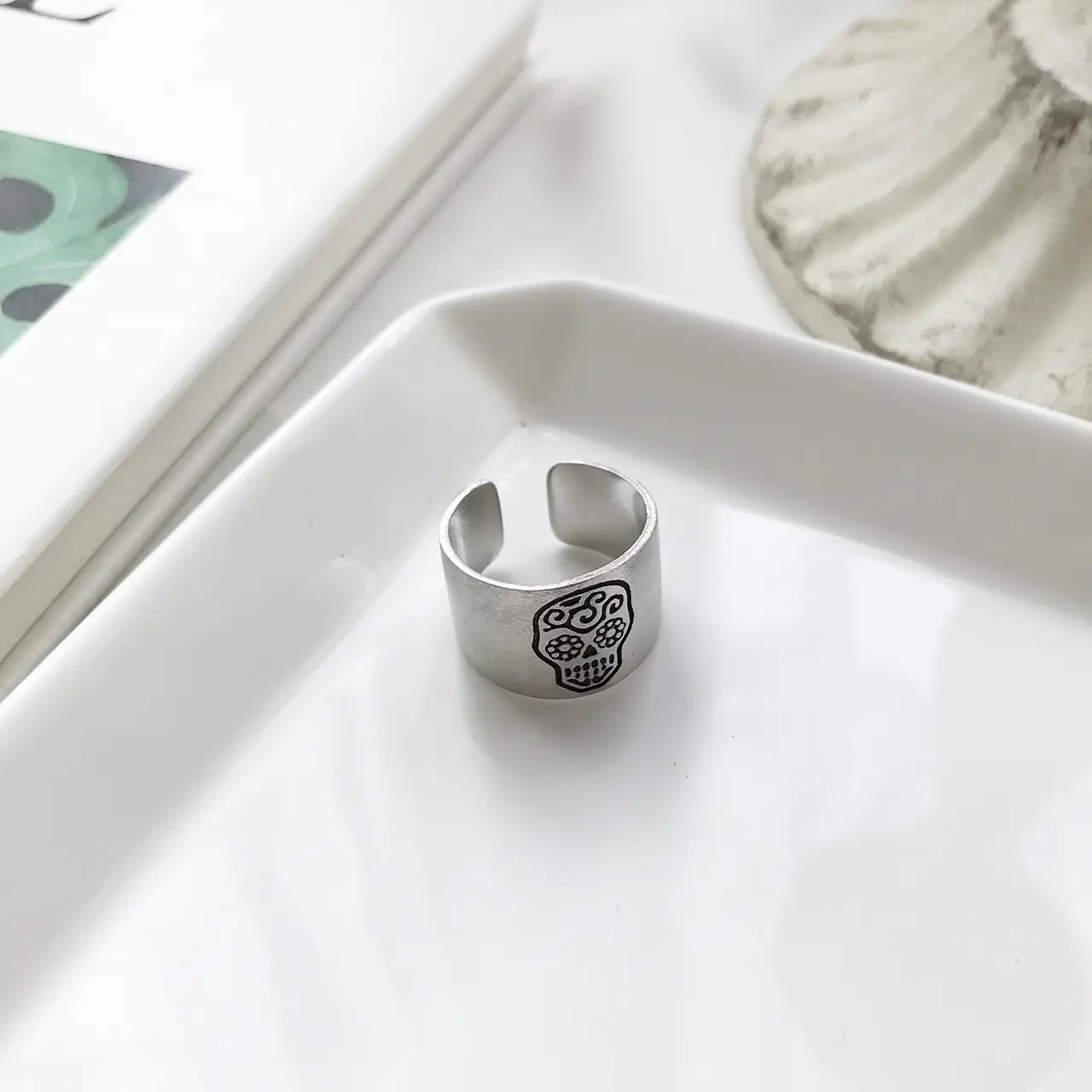 Korean Style S925 Sterling Silver Brushed Frosted Adjustable Ring Skull Cute Fashion