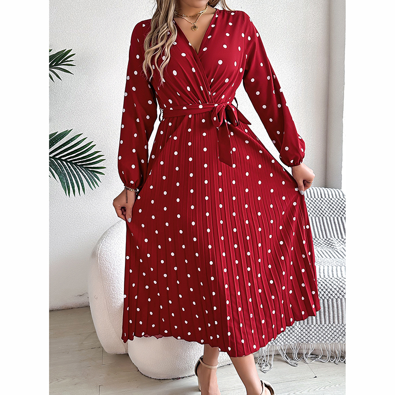 Women's Polka Dot Maxi Dress V Neck Long Sleeve A Line Dress With Belt & Pleats For Spring Fall Wine - Shop at LoveMi