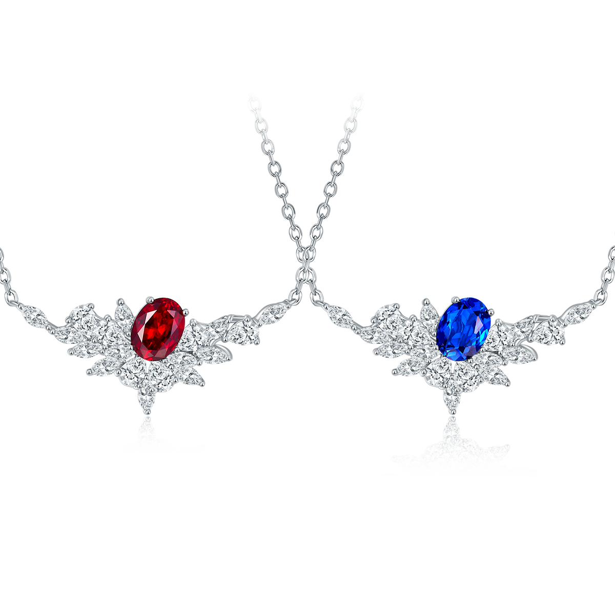 S925 Sterling Silver Lab-Grown Ruby Sapphire Necklace, 8x6mm Oval With Marquise Cluster, Platinum Plated 40&45cm Chain, 5g, Gift Box