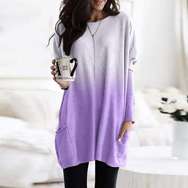 Gradient Color Long Sleeved Casual Pocket T Shirt