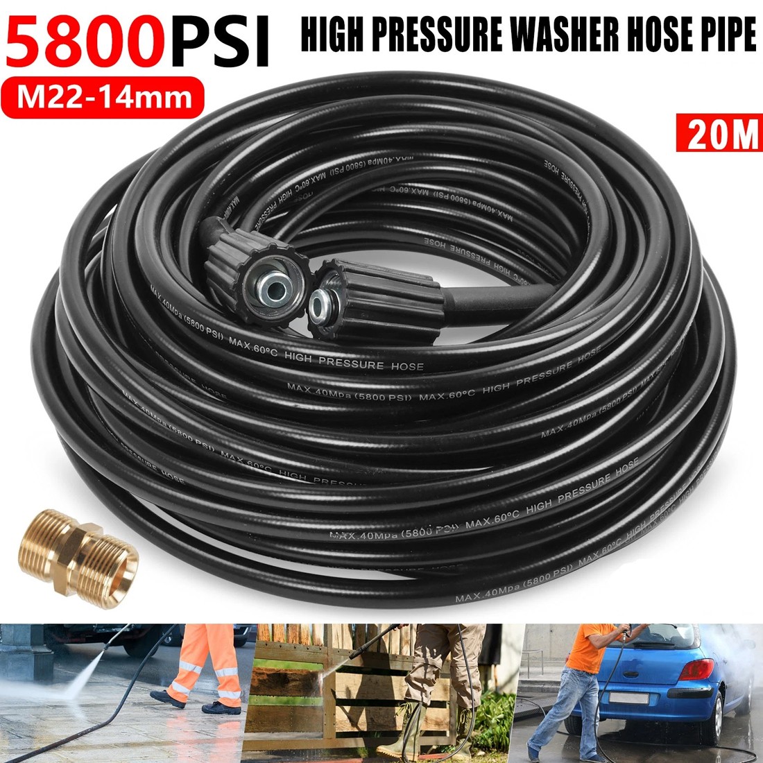 20-meter High-pressure Washer Hose M22-14 Series  Copper Threaded Connector