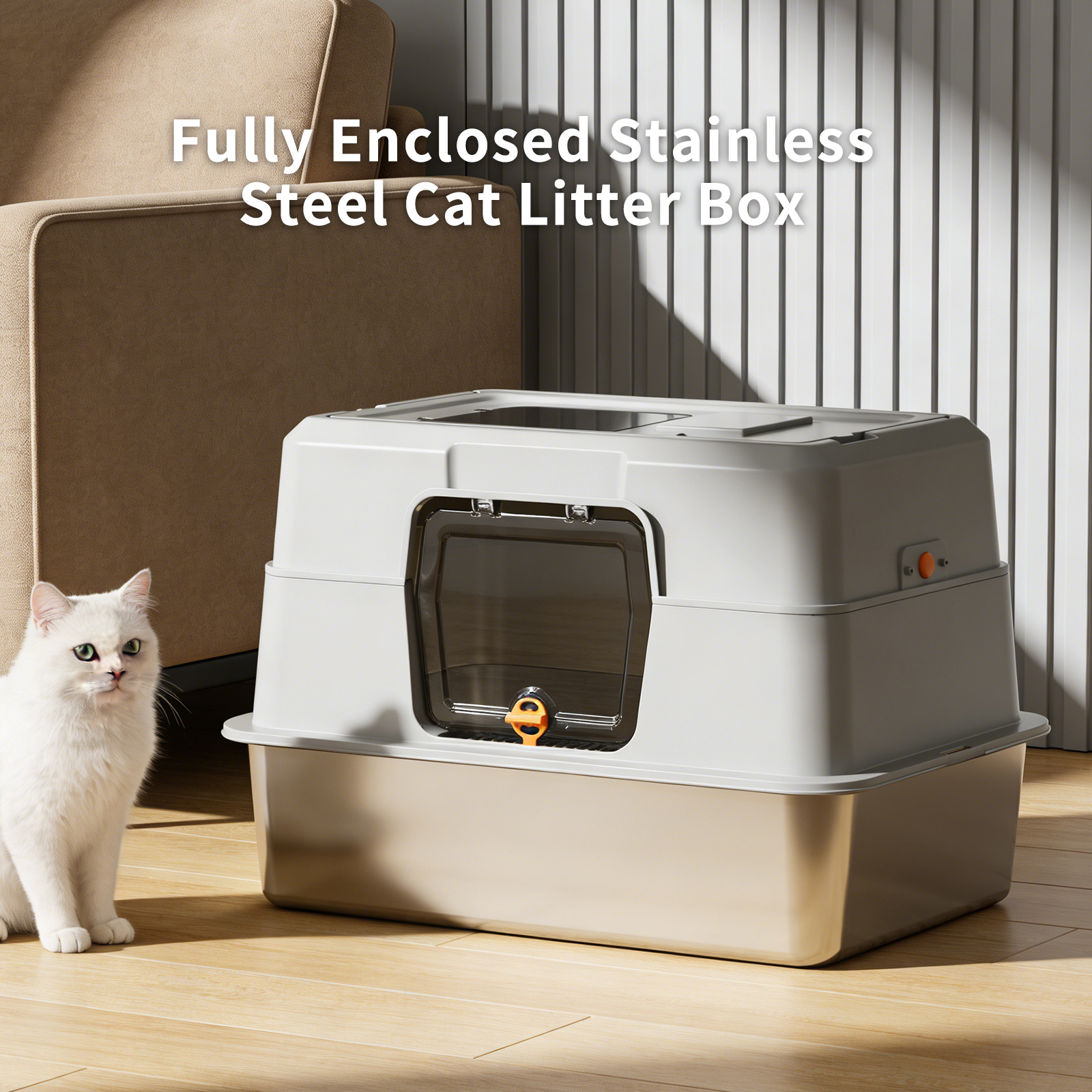 60-40-40cm Fully Enclosed Stainless Steel Cat Litter Box, Odor & Splash Proof Easy Clean, For Large Cats & Multi-Cat Households