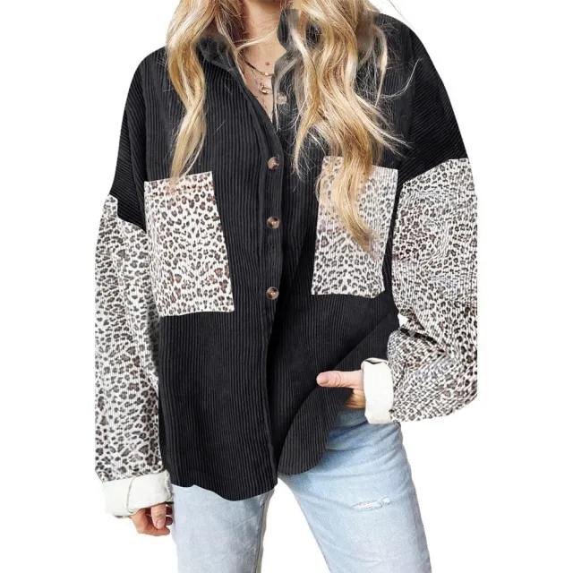 Leopard Print Women's Shirt Lapel Pit Strip Casual Jacket Black - Shop at LoveMi