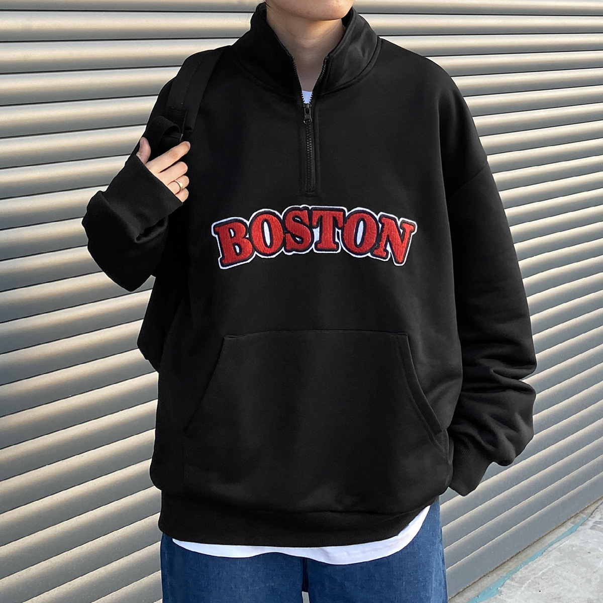 New Style Men's Loose Towel Embroidered Letter Half High Neck Sweater