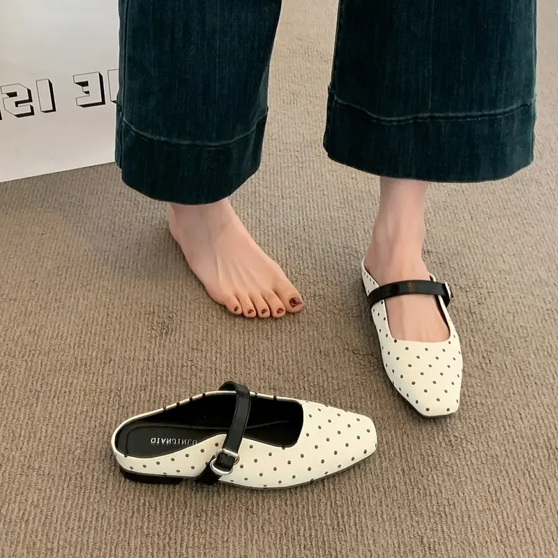 Women Retro French Polka Dot Flats, Square Toe Single Metal Buckle Thin Strap Backless Slip On Vintage Casual Daily
