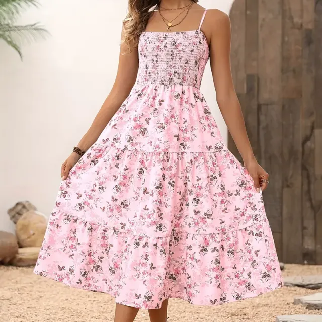 Womens Summer Floral Midi Dress Smocked Spaghetti Strap Sleeveless Tiered Casual Flowy Dresses Pink - Shop at LoveMi