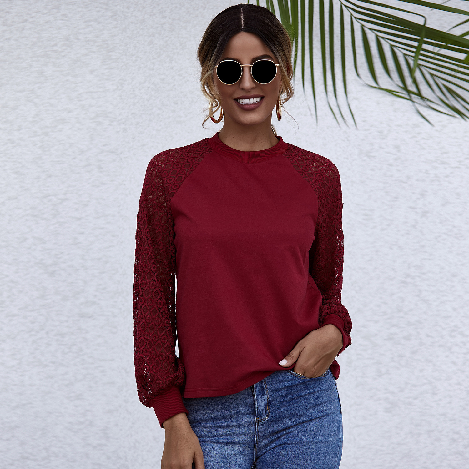 Simple Stitching Long-sleeved Hollow Slim Top Women's Clothing