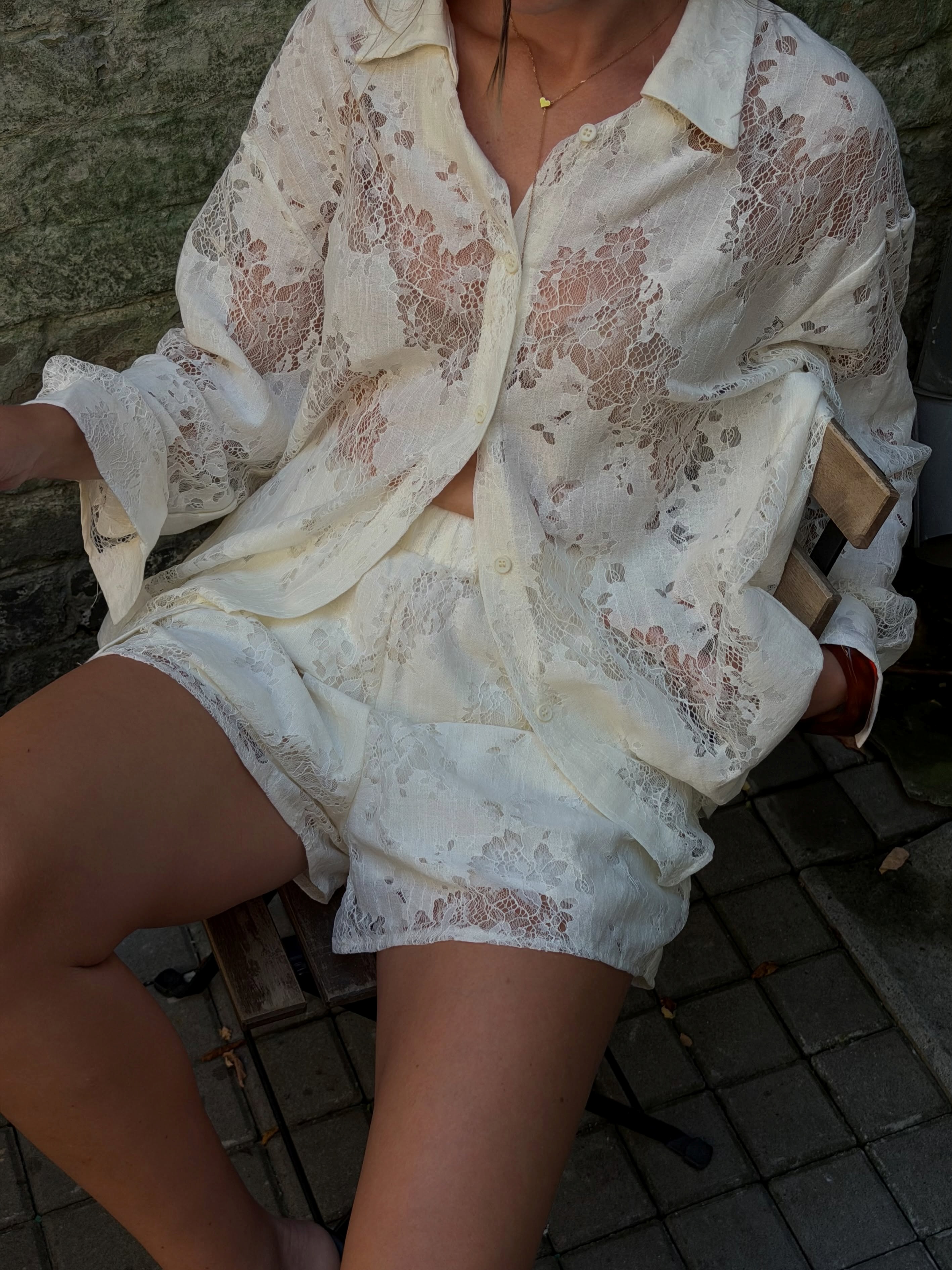 Floral Sheer Lace Oversized Shirt & Elastic Waist Lace Shorts 2-Piece Co-Ord Set 4