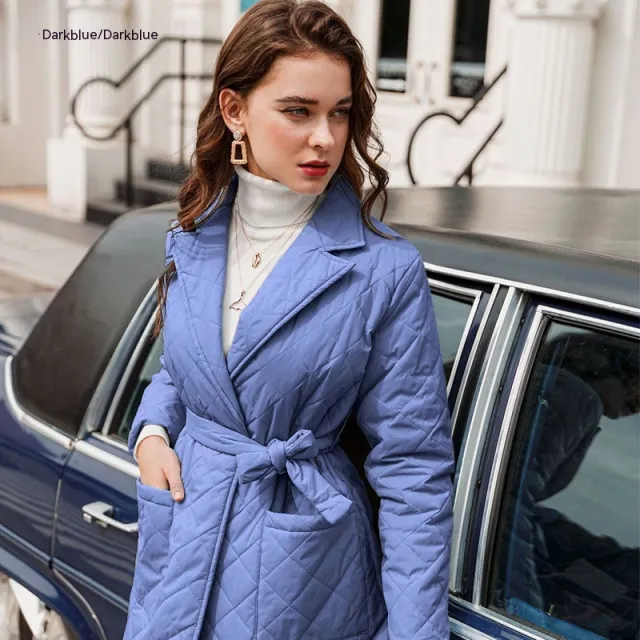 Cotton padded Coat Fashion Polo Collar Mid length Over The Knee Blue - Shop at LoveMi