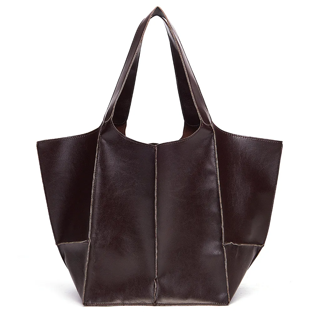 Women's Fashion Vintage Oil Wax Leather Large Capacity Shoulder Handbag - Brown