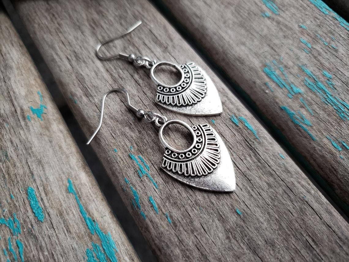 Title 3, Antique Silver Shield Pendant Earrings