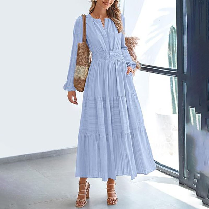 Women's Solid Color V Neck Smocked Waist Maxi Dress, Bohemian A Line Long Sleeve For Vacation And Daily Wear Light Blue - Shop at LoveMi