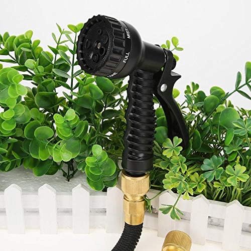 Flexible Garden Hose Set with Spray Gun. Can be extended to the corresponding 25, 50, 75, 100FT when filling with water. Once water passing through the pipe, the pipe will extend its length; if there is no water passing, it will shrink back to its origina