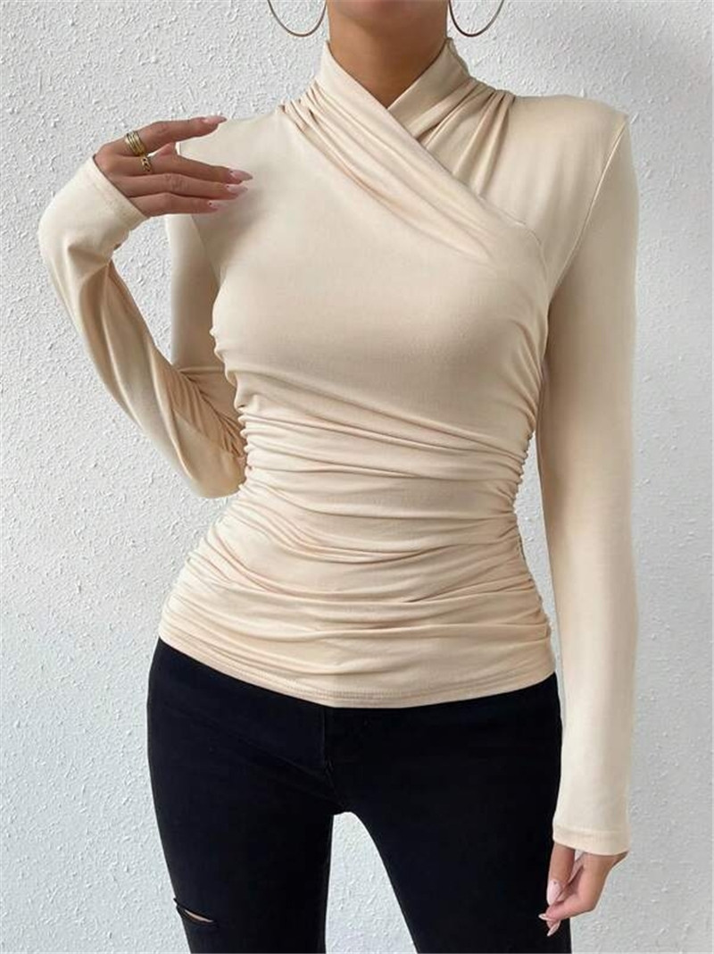 Design Sense Cross Collar Slim Fit All-match Pleated T-shirt