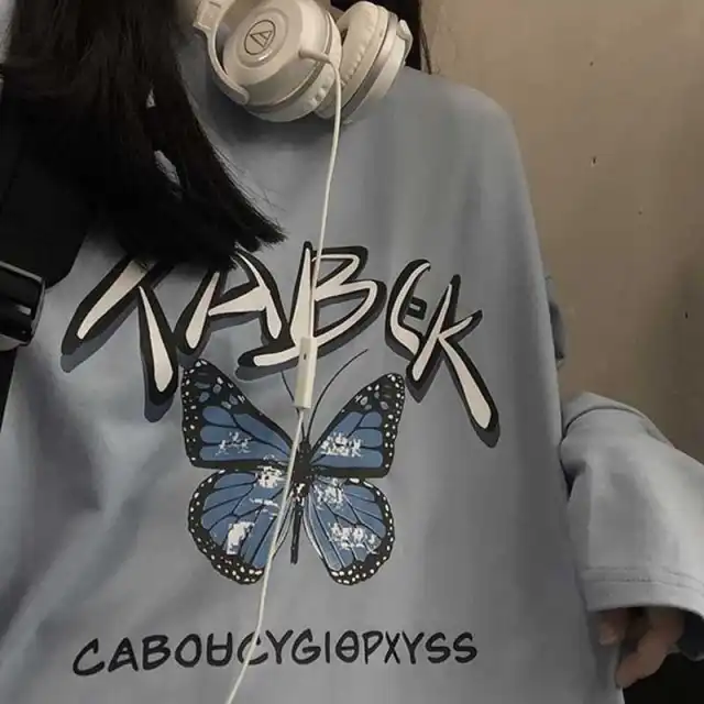 Lovers' Long Sleeve T shirt Women's Students Korean Version Loose Ins Retro Butterfly Letter Printed Top Tide Blue - Shop at LoveMi