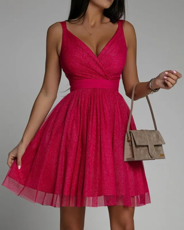 Women Elegant Glitter Sleeveless Deep V Neck Mesh Party Dress Red - Shop at LoveMi