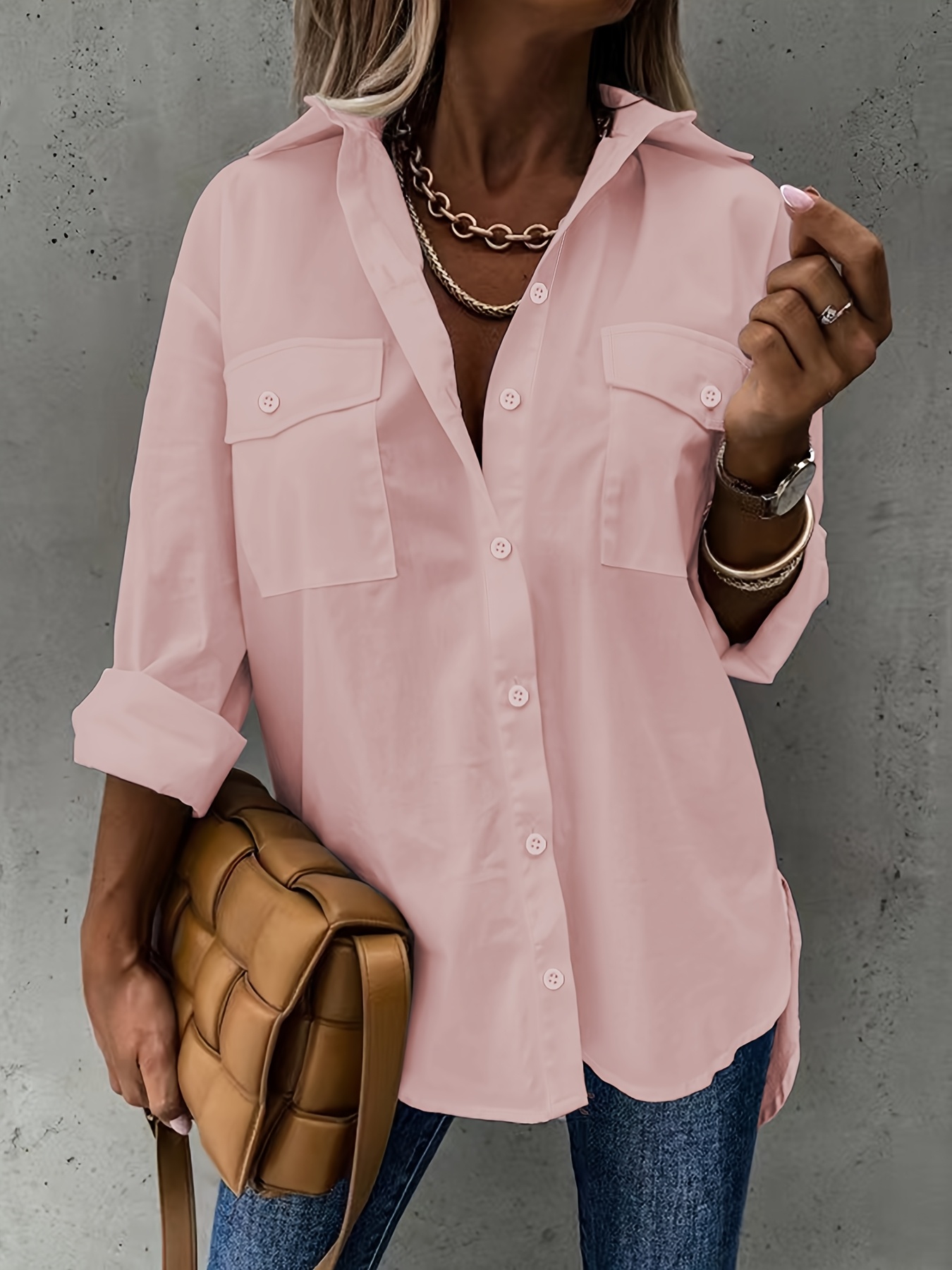 Simple Casual Long Sleeve Shirt With Pocket Fen L - Shop at LoveMi