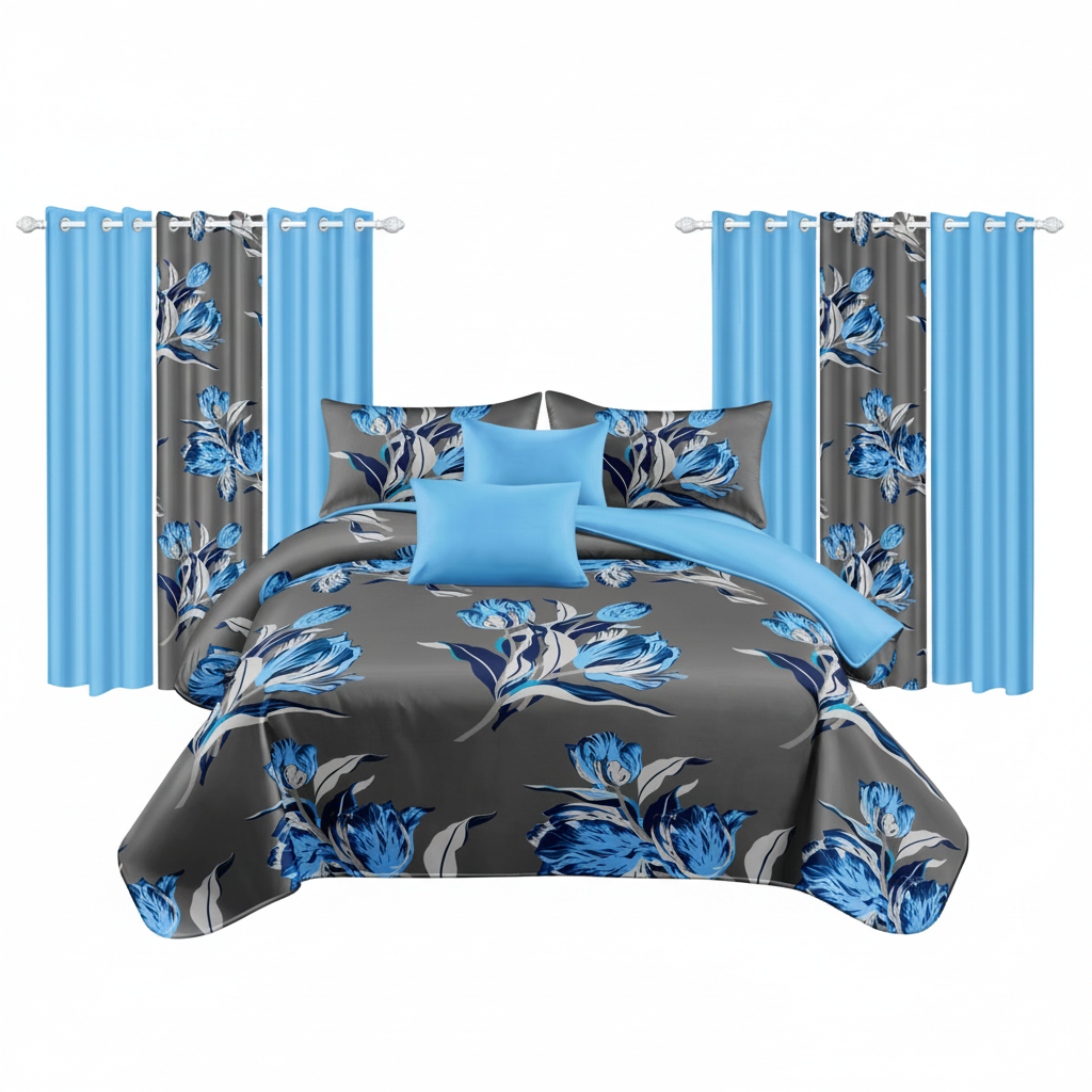 9-Piece Gray And Sapphire Floral Bedspread And Curtain Set, Reversible Microfiber Bedding Set For King And California King