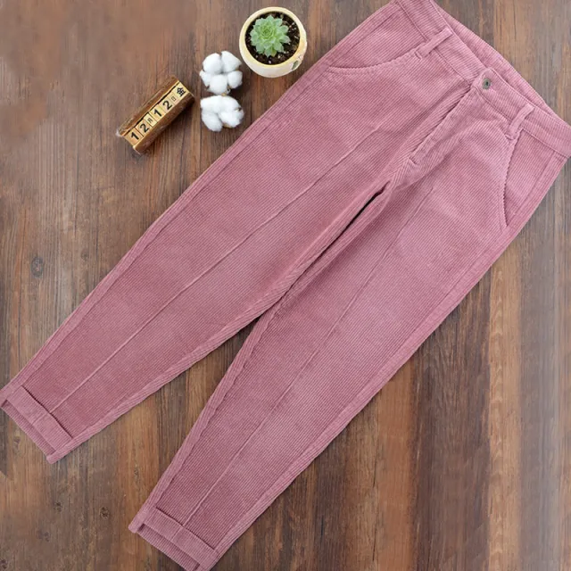 Cropped Corduroy Trousers Thick Striped Harem Loose Pink - Shop at LoveMi