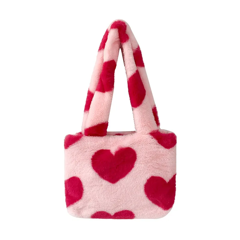 Fashion Love Heart Womens Furry Fluffy Bag - Pink