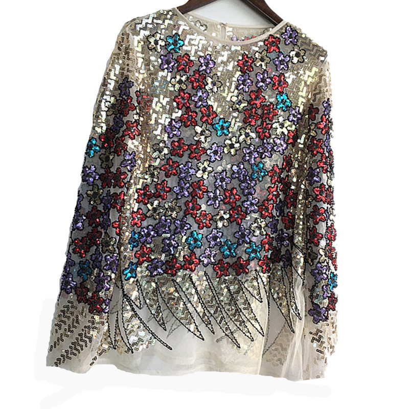 Lace Small Flowers Beaded Sequined Shirt Long-sleeved Top