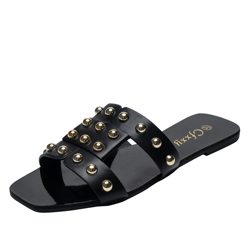 Fashion Rivet Sandals Women's Outer Wear Flat bottomed Women's Slippers Black - Shop at LoveMi