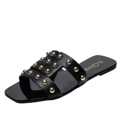 Fashion Rivet Sandals Women's Outer Wear Flat-bottomed Women's Slippers - Black - View 1