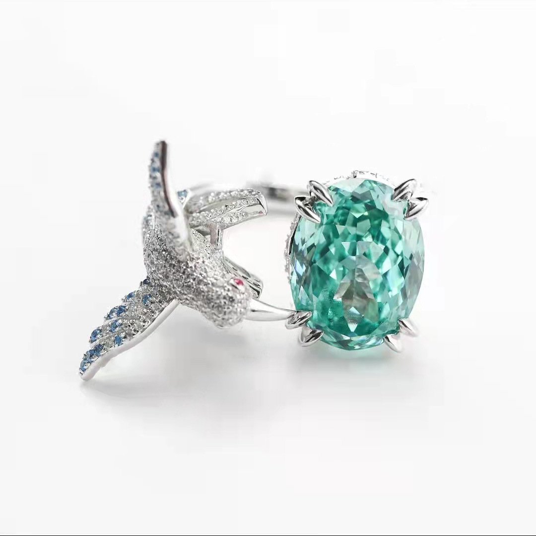 Title 1, Oil Painting Peacock Green Diamond Bird Ring, a...