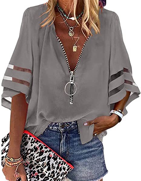 Title 5, V-neck Zipper Shirt Half Bell Sleeve Mesh Stitc...