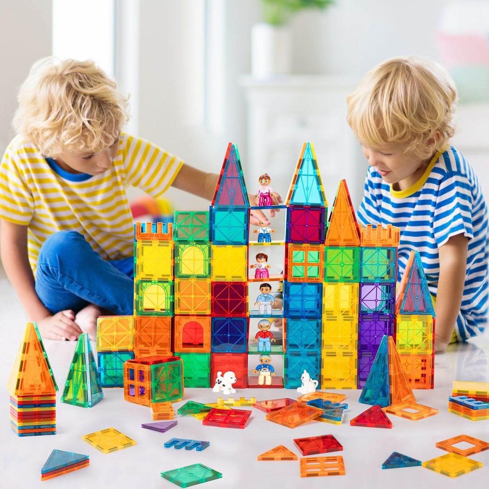 Magnetic Building Blocks Set for Kids. Larger magnetic tiles set, 102PCS in total（all basic shapes and colors, no cars）with an idea book. compatible with most of the magnetic building tiles on the market. The magnet tiles set is made of high quality ABS p