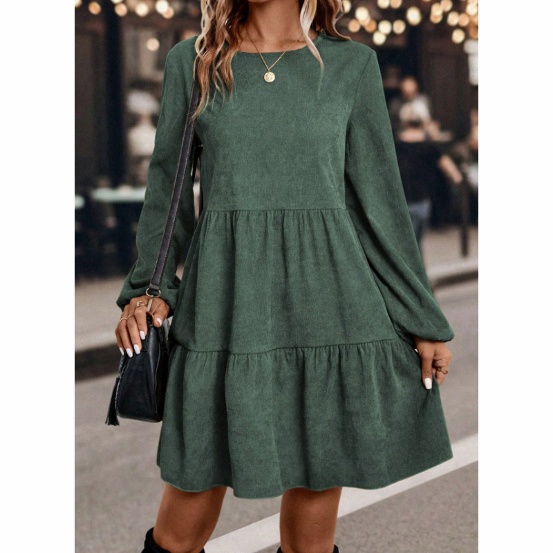 Women's Corduroy Mini Dress Fall Winter A Line Long Sleeve Dress, Round Neck Green - Shop at LoveMi