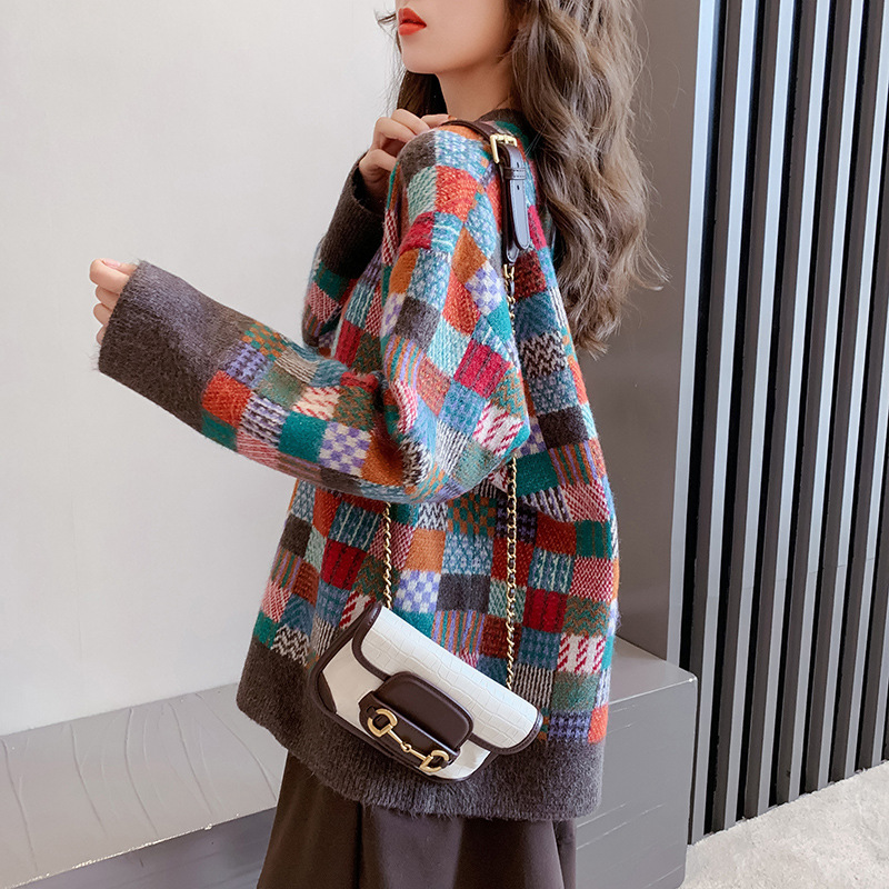 Contrasting Color Plaid Retro Pullover Sweater For Women's Outer Wear
