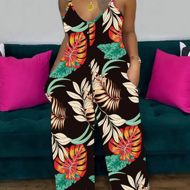 Plus Size Botanical Print Pocketed Straight Jumpsuit