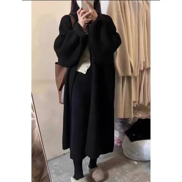 Khaki Knitted Cardigan Sweater, Womens Coat, Long Cardigan, Wool Coat, Cozy Style Loose, Plus Size Maxi Coat, Office Outfits, Fall Clothing Black - Shop at LoveMi