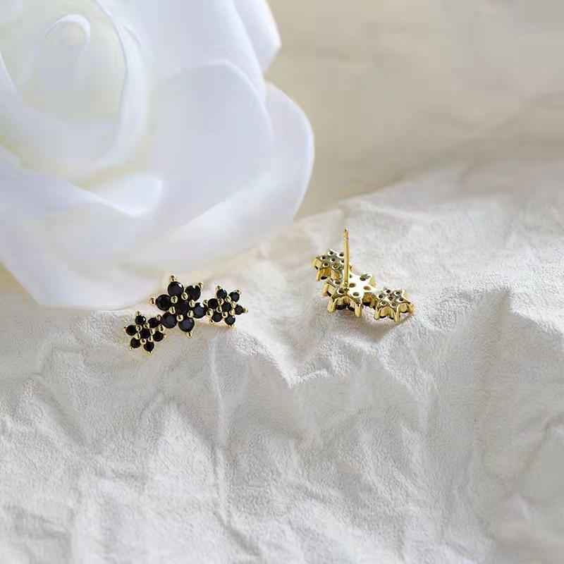 Title 4, Black Zircon Small Flower Ear Studs, add subtle...