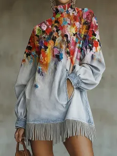 Loose Pocket Tassel Long-Sleeve Suede Dress - Style1 - View 1