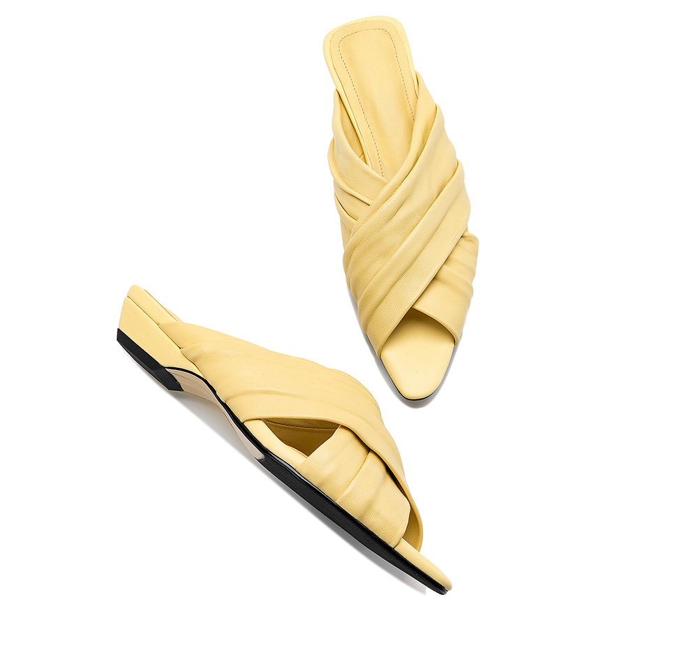 Women's Ruched Lambskin Slide Sandals lifestyle shot – Sarah Express