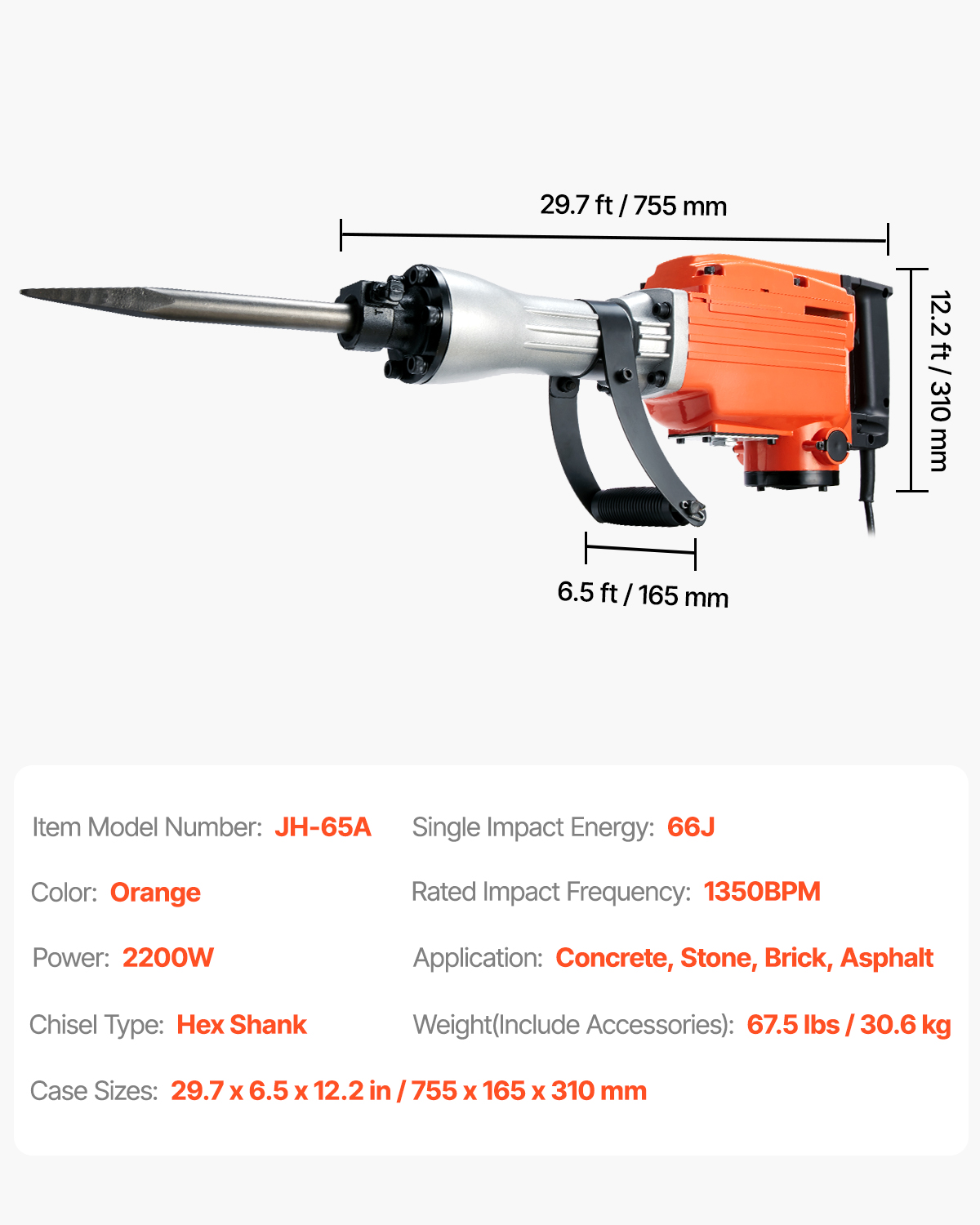 VEVOR Demolition Jack Hammer Concrete Breaker 2200W Electric Hammer 6 Chisel Bits image 5