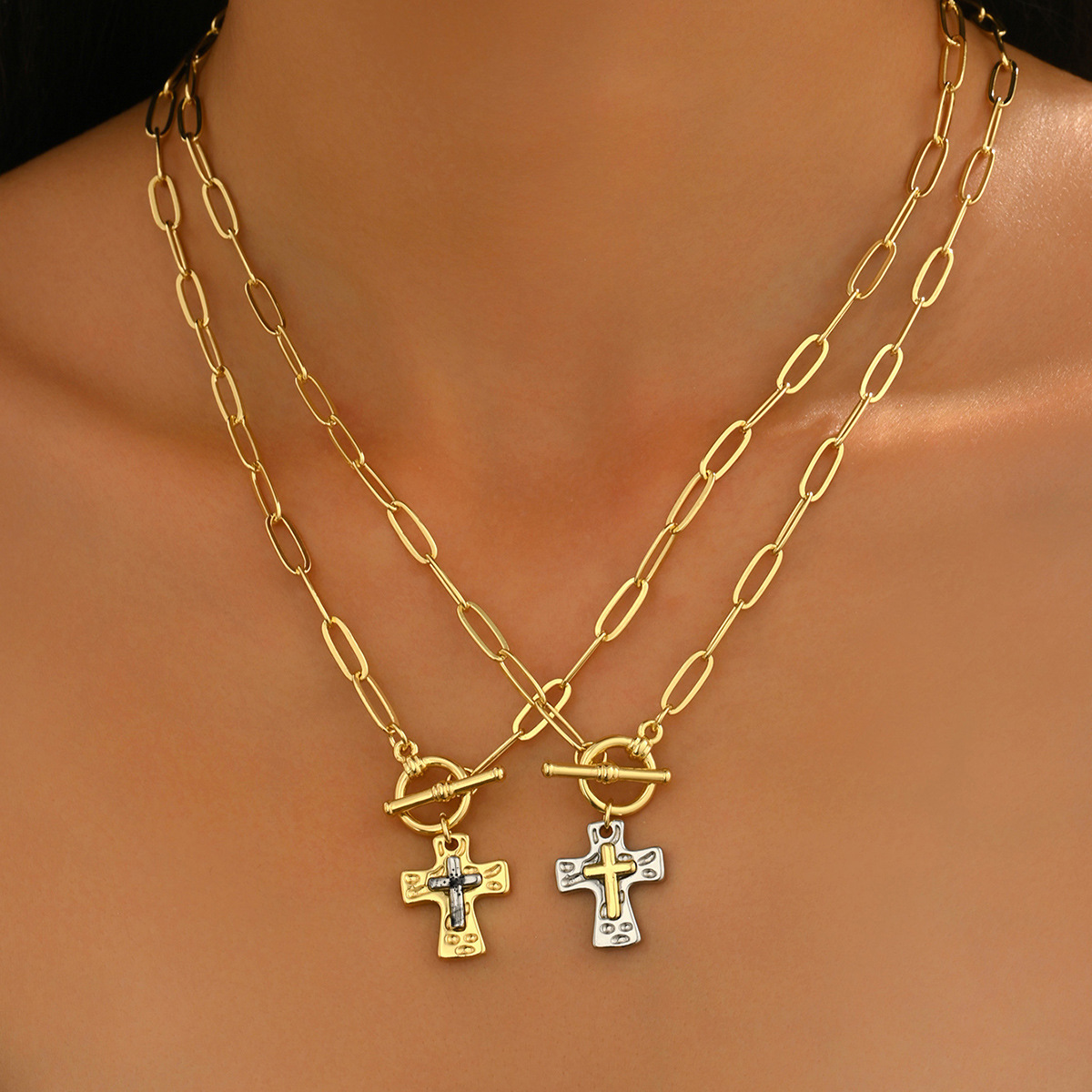 Cross-border European American Women Neck Jewelry, Unique Paperclip Cross Pendant Necklace, Premium Versatile Clavicle Chain Daily Neck Ornaments For Ladies