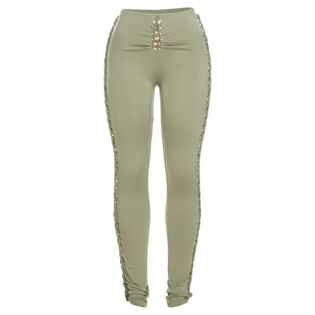 Street Fashion Solid Color Hollow Skinny Trousers Casual Pants Green - Shop at LoveMi
