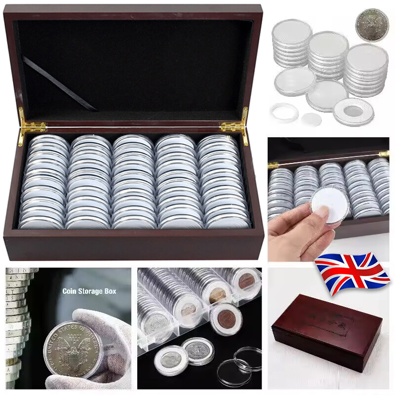 50 PCS Coin Capsules Storage Box With Wooden Case Holder Display
