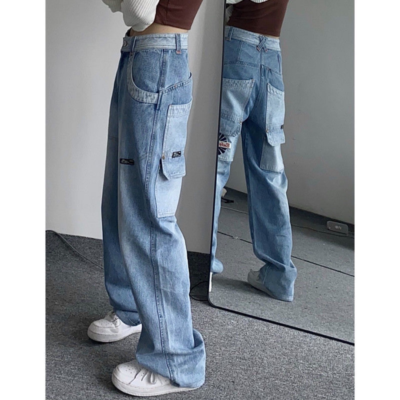 Vintage Pocket Gradient Loose Large Size Fat Mm Jeans