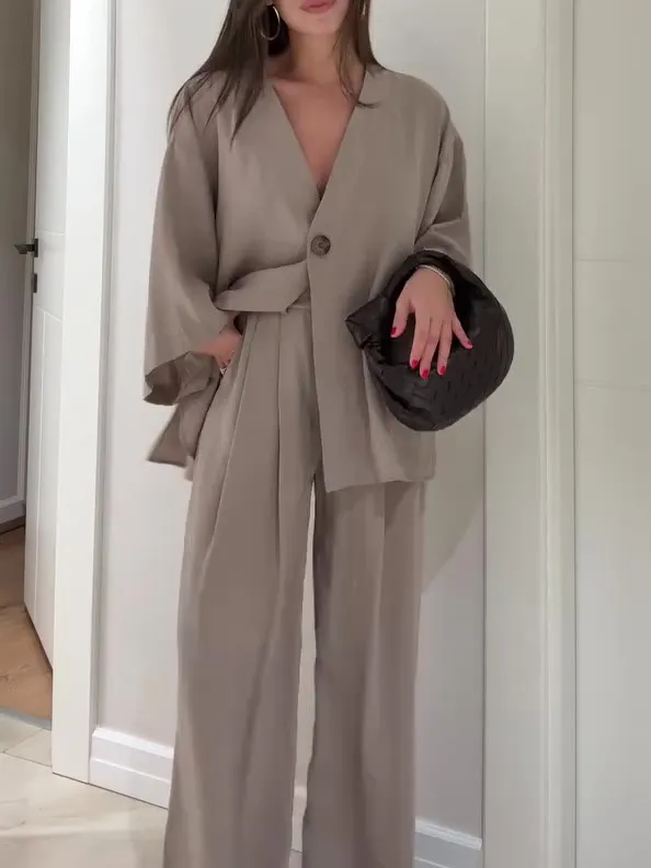 Solid Color Single Button Top And Pants Set - Shop at LoveMi