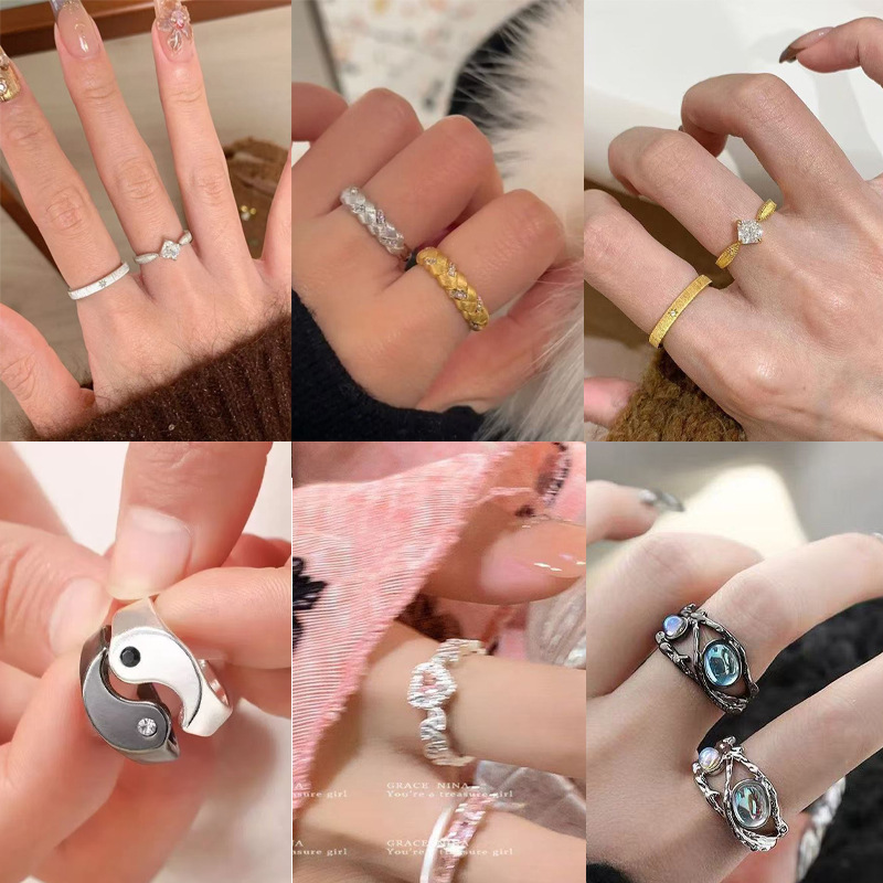 Niche Moonstone Black & White Couple Rings For Men & Women, Vintage Luxury Adjustable Open Band - Image 1